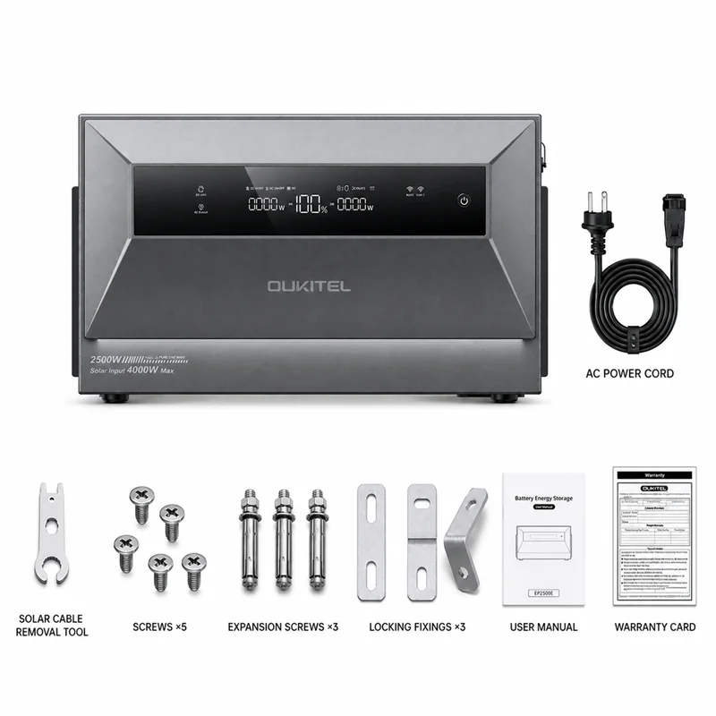 OUKITEL EP2500 All-in-One Balkonzonnesysteem met opslag, Plug & Play, 2048Wh LiFePO4 batterij, uitbreidbaar tot 16.38kWh, 4000W PV-ingang, 800W-2500W On/Off Grid energiecentrale, waterdicht IP65
