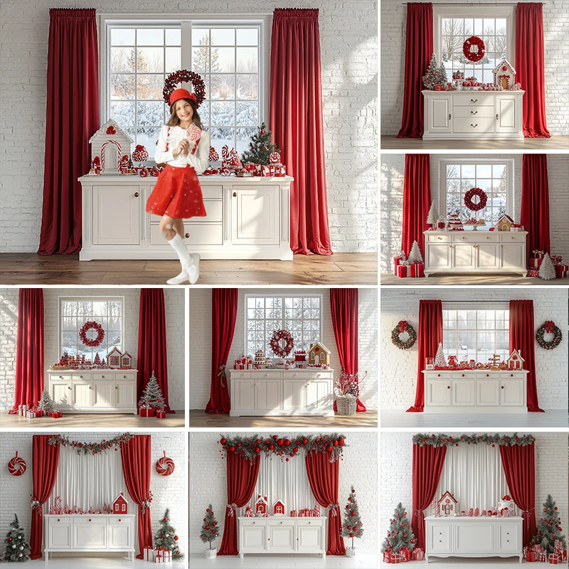 

LS Photography Background Christmas Kitchen Window Red Curtain Decor Xmas Holiday Family Kids Portrait Photo Backdrop Studio