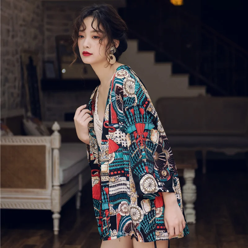 Retro Chinese Style Versatile Loose Improved Kimono Cardigan Haori Summer Air-Conditioning Shirt Beach Sun Protection Clothing C