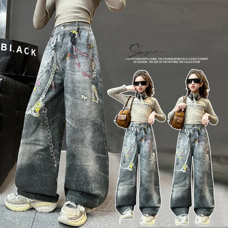 

Girl Jeans Ages 4-14Y Teenage Denim Teenage Child Vintage Trouser Toddler Fashion 3D Printed Denim Kid Y2k Streetwear Long Pants