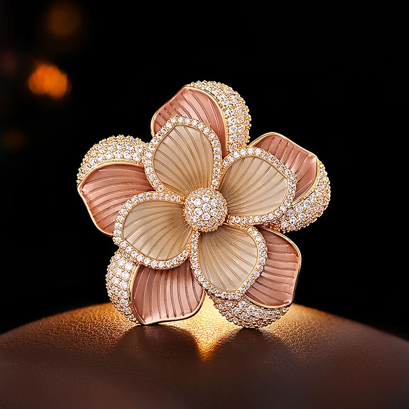 Vintage Chinese Style Two Tone Layered Flower Brooch Micro Pave Zircon Enamel Petal Pin Auspicious Lucky For Evening Party Gown