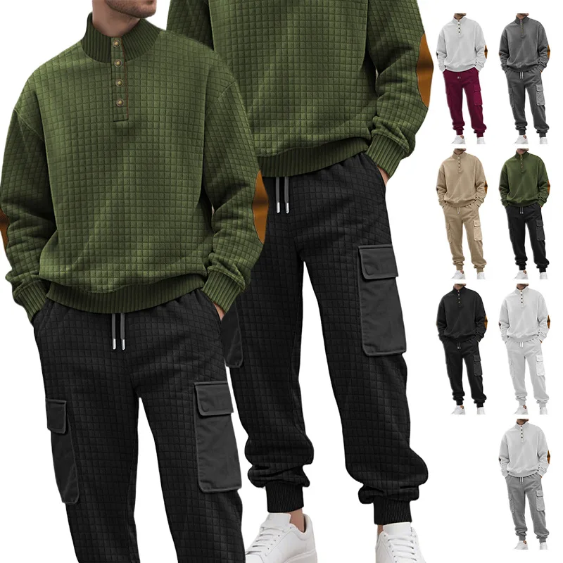 

Casual Knitted Plaid irt And Pants Set with Button Sports Busin Pattern for Men All Seasons Long Sve Polyester Blend