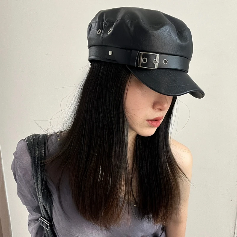 فاسق نمط أسود بولي Leather القبعات الجلدية القوطية قبعات مسطحة موضة خمر قبعة واقية من الشمس إنجلترا شقة Y2k الفتيات الهيب هوب قبعة البيريه #6