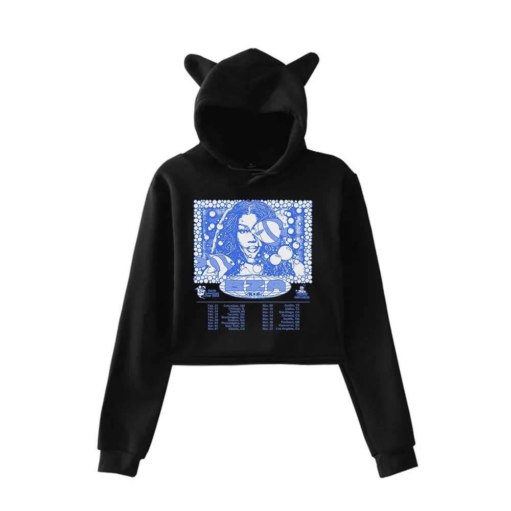 

Rapper SZA SOS Tour Merch Crop Top Hoodie for Girls SZA Good Day Kawaii Cat Ears Harajuku Cropped Sweatshirt Streetwear Clothes