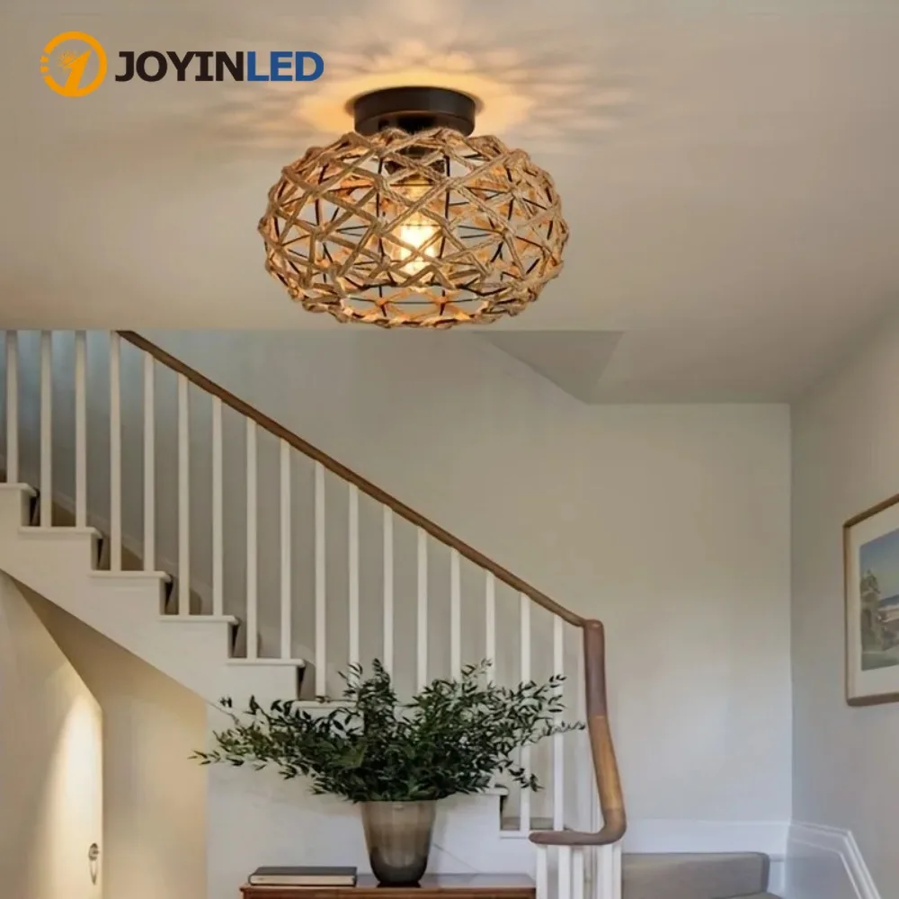JOYINLED Woven Rattan Wicker Pendant Light Hemp Rope Ceiling Light Retro Fixture for Kitchen Bedroom Hallway Living Room