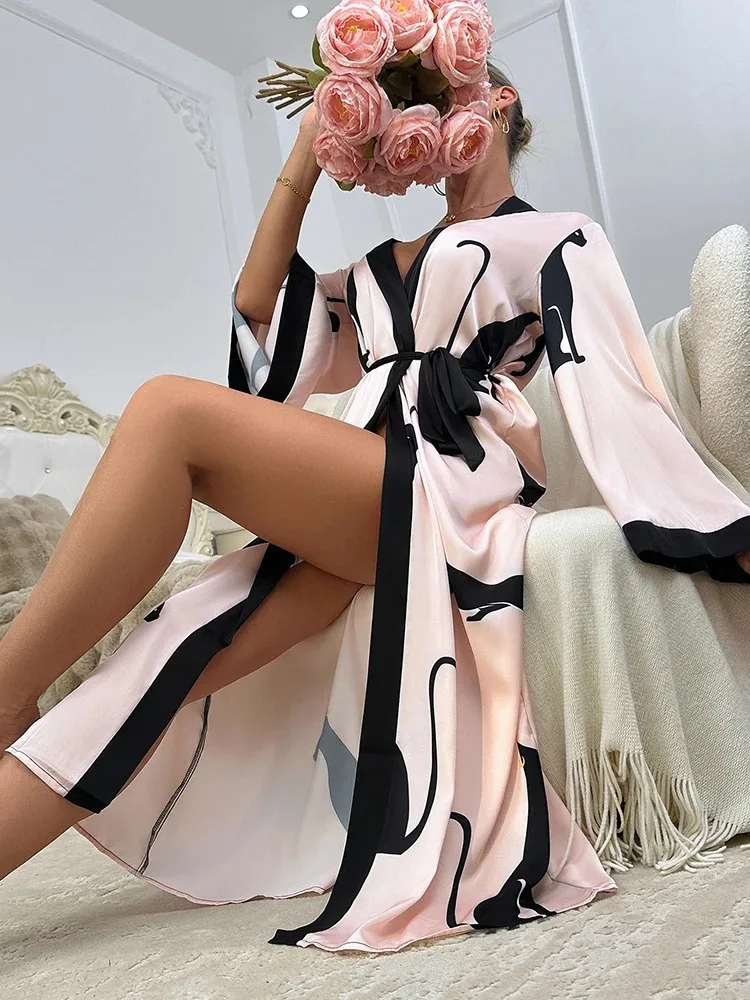 

Платье для свадебной вечеринки, модный халат с принтом, женская одежда, свободная шелковая атласная одежда для сна, ночные рубашки, женский халат с длинными рукавами