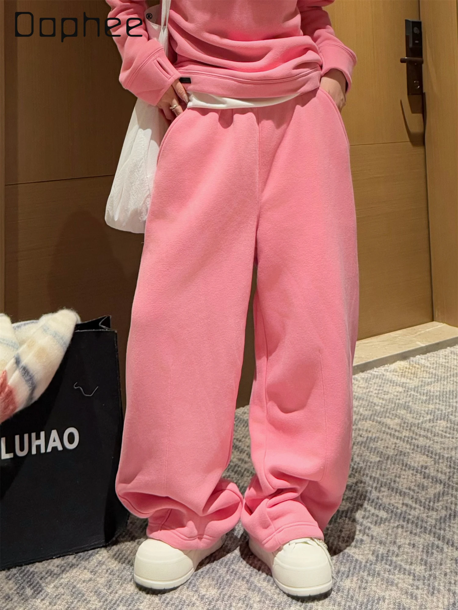 

Winter New Cotton Fleece Lined Thickened Straight Pants Versatile Warm Casual Pants Elastic High Waist Floor-Length Pants