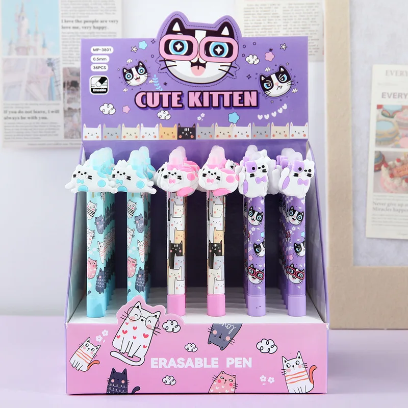 36本入り-箱入りセット-可愛い子猫消せるゲルペンセット-05mm-青インク-カワイイ漫画猫ペン-学校-オフィス-文房具ギフト