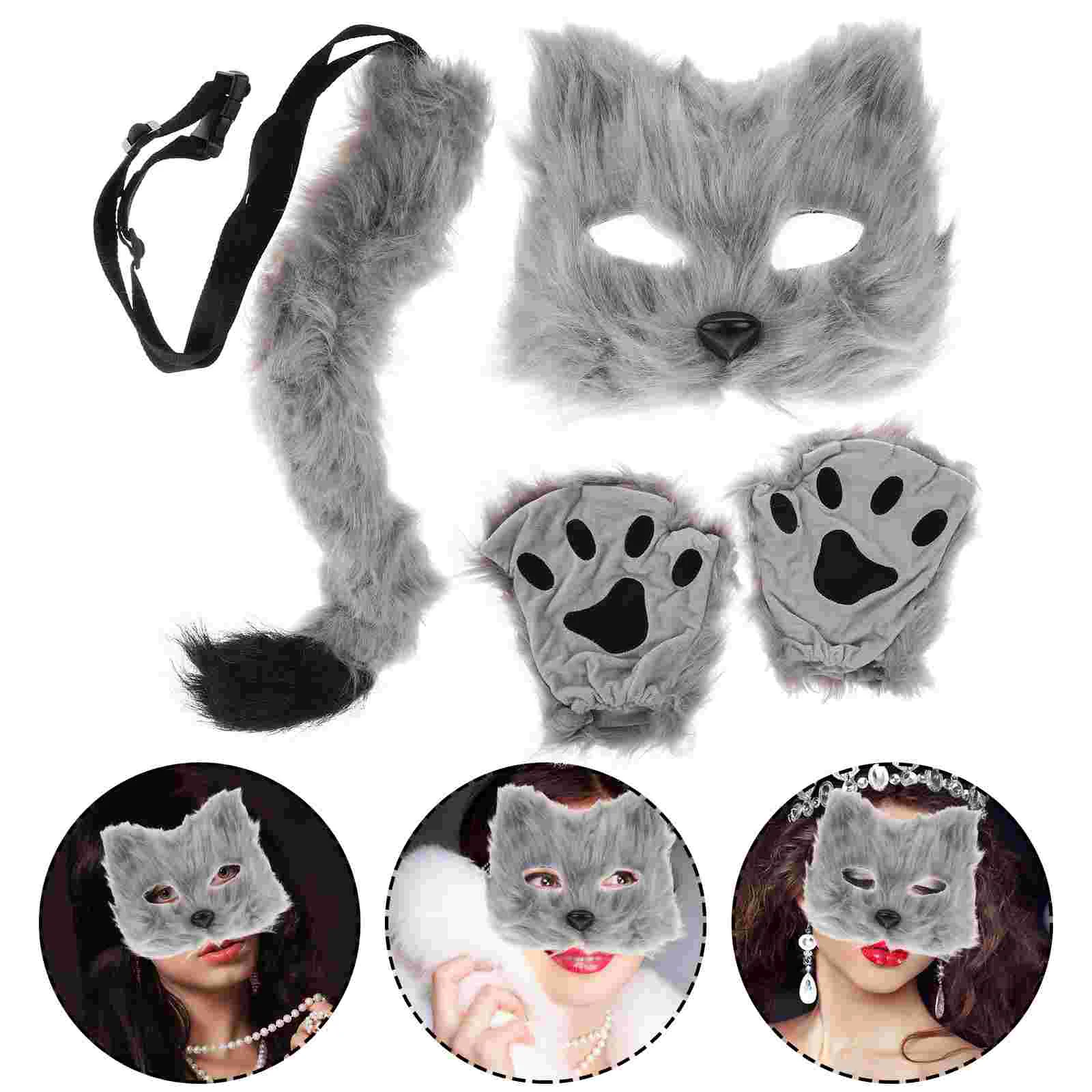 

Halloween Mask Costumes Masquerade Masks Black Cat Cosplay Wolf Fur Fox Furry Fluffy Clothing Set