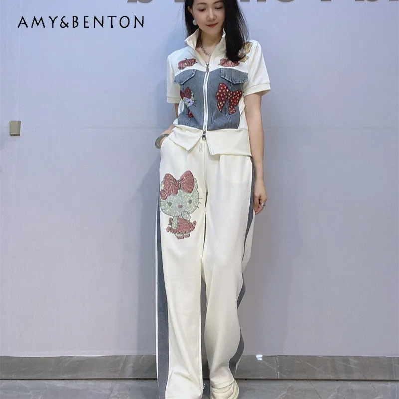 

Women's Short Zipper Cardigan Half Sleeved Two-piece Set Women's Summer Long Pants Diamond drills sweatshirts Casual Denim Suit