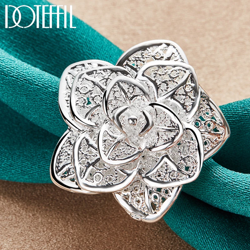 DOTEFFIL 925 Sterling Silver Rose Flower Open Ring Hollow Out Design Ring For Women Wedding Engagement Party Jewelry