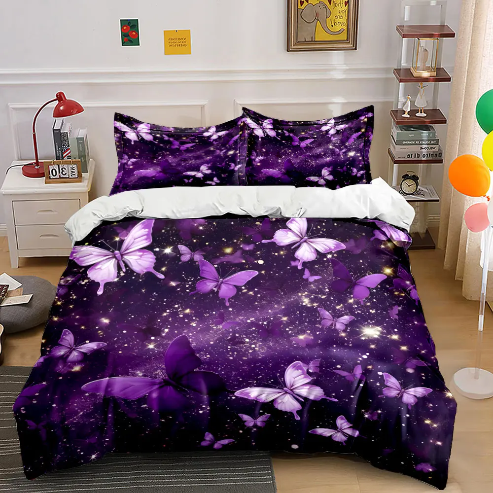 Purple butterflies dance among stars Print Soft Comfortable Duvet Cover Bedding Set Included 1*Duvet Cover 2*Pillowcases