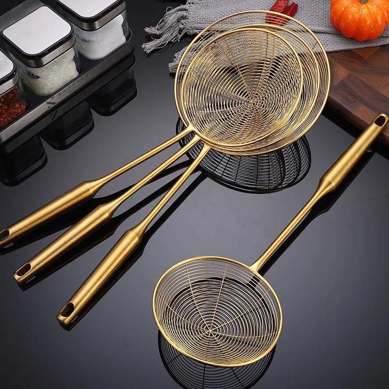 Golden Stainless Steel Skimmer Strainer Colander Oil Filter Frying Scoop with Long Handle Noodles Dumpling Sieves Kitchen Tools