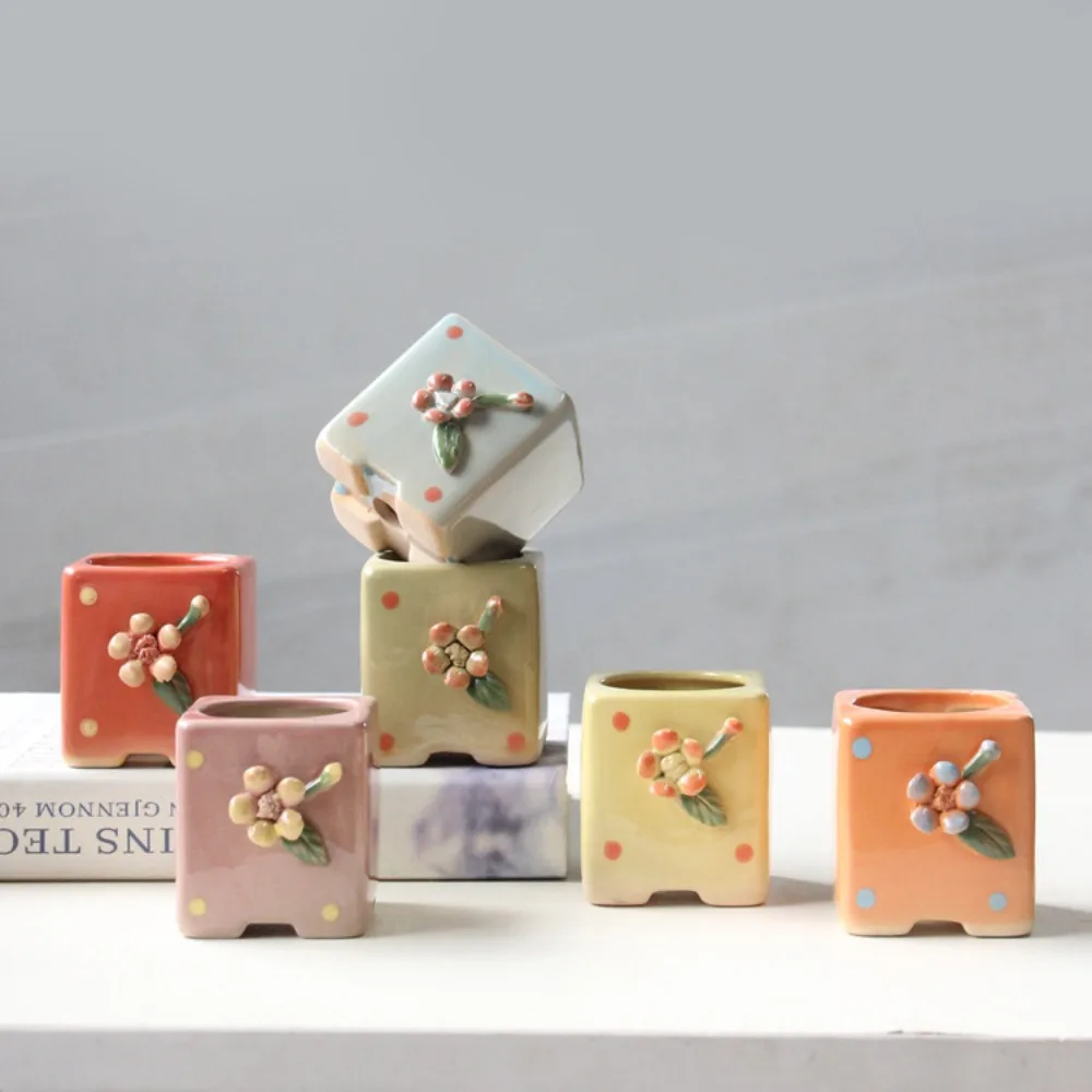 

Сочный мини-керамический цветочный горшок ручной работы, домашний настольный двор, милый квадратный однотонный грубый керамический цветочный горшок, новый