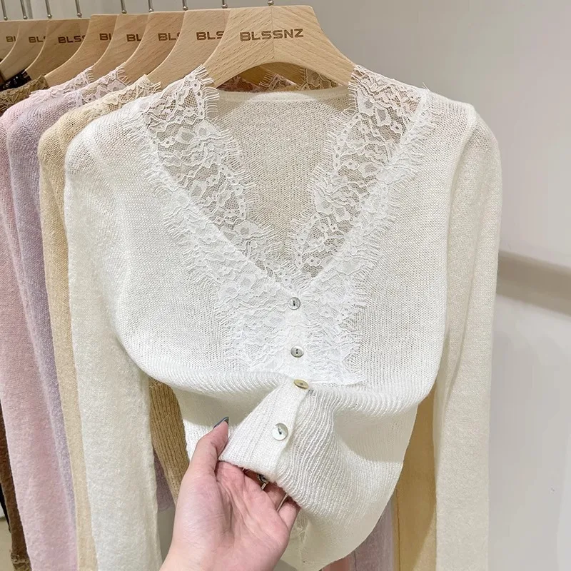 Ruffle Sleeve Knitted Cardigan Women's Short V-neck Lace Design Sensation Autumn Inner Wear Base Shirt Top Bright Thread Cool...