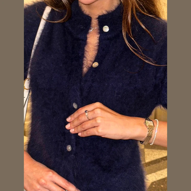 Damen-Strickwaren Plüsch Kurzarm Strickjacke Herbst O-Ausschnitt Einreihig Einfarbig Weiche Strickjacken Schicke Damen-Oberteile – Detail 10