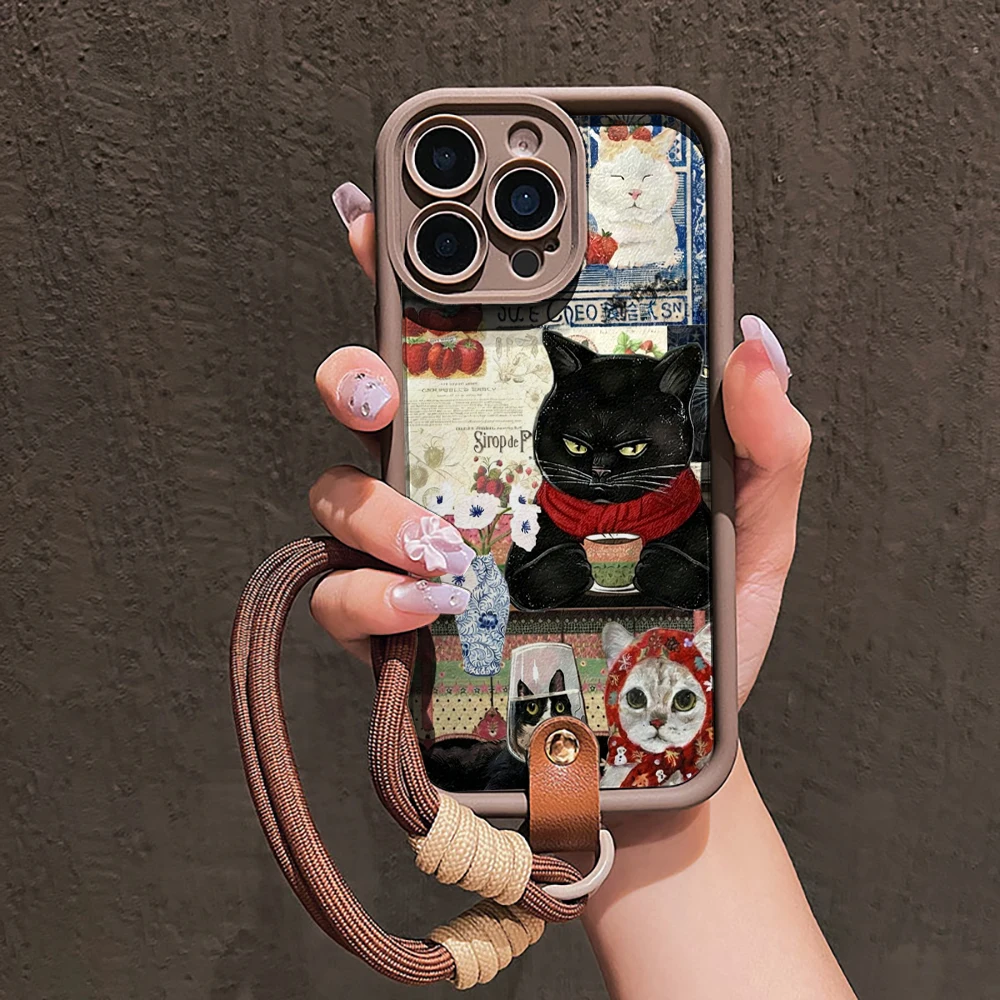 Modische Katzen-Collage-Silikon-Handyhülle für iPhone 16 17 Pro 15 14 13 12 11 Pro Max 16E 7 8 Plus XR XS mit Lanyard-Hülle – Detail 3