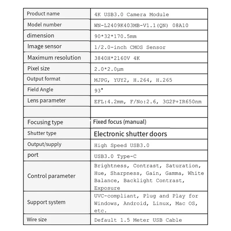 [NEW A09R!】 08A10 USB3.0 Type-C Camera Module IMX577 Resolution Type-C Supports MJPG YUY2 H.264 H.265 Plug Andplay 90 Degrees