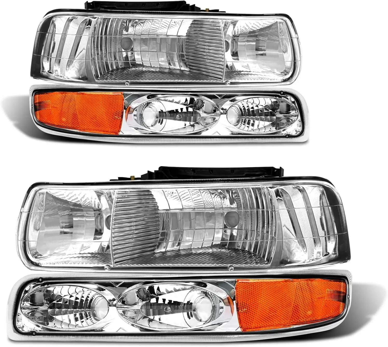 

Pair of Headlight Assemblies for 1999-2002 Silverado 1500/2500/1500HD/2500HD/3500 and 2000-2006 Tahoe/Suburban - Chrome Housing Amber Reflector, Without Bulbs