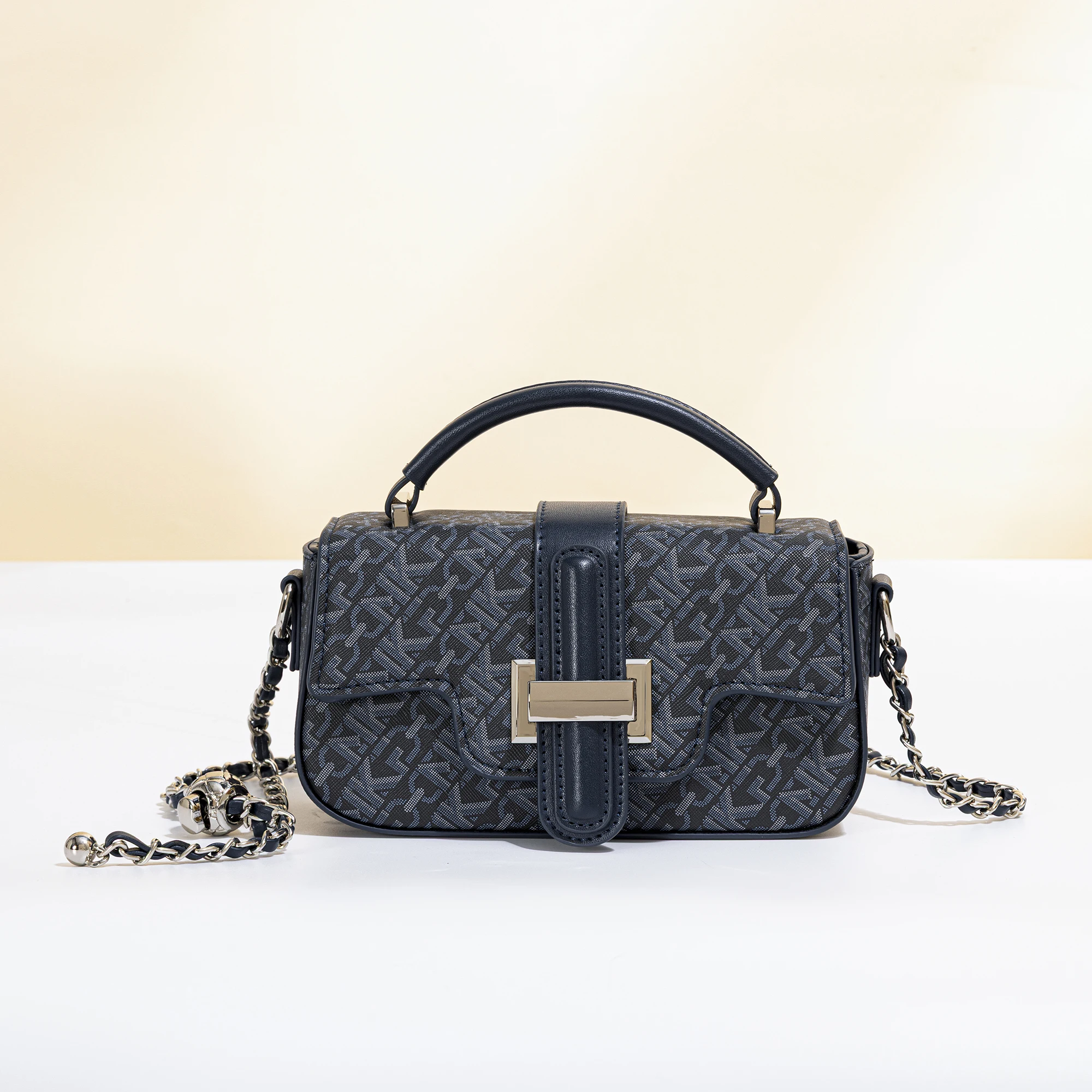 Women's vintage horizontal baguette bag, featuring MKF letter print on the patterned fabric, with a flap and square metal clasp. It comes with a short handle and an adjustable gold ball leather chain, offering multiple carrying options such as hand-carry, underarm, and crossbody. The bag is compact and exquisite, with a vintage casual style. Available in coffee and beige colors, it is a versatile crossbody handbag suitable for dates, travel, and shopping