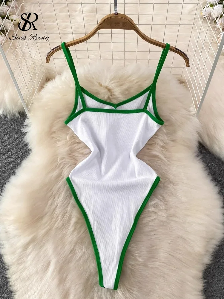 SINGREINY, летние майки с открытой промежностью, комбинезоны без рукавов, контрастные тонкие боди 2024, женская уличная одежда, винтажные комбинезоны-футляры
