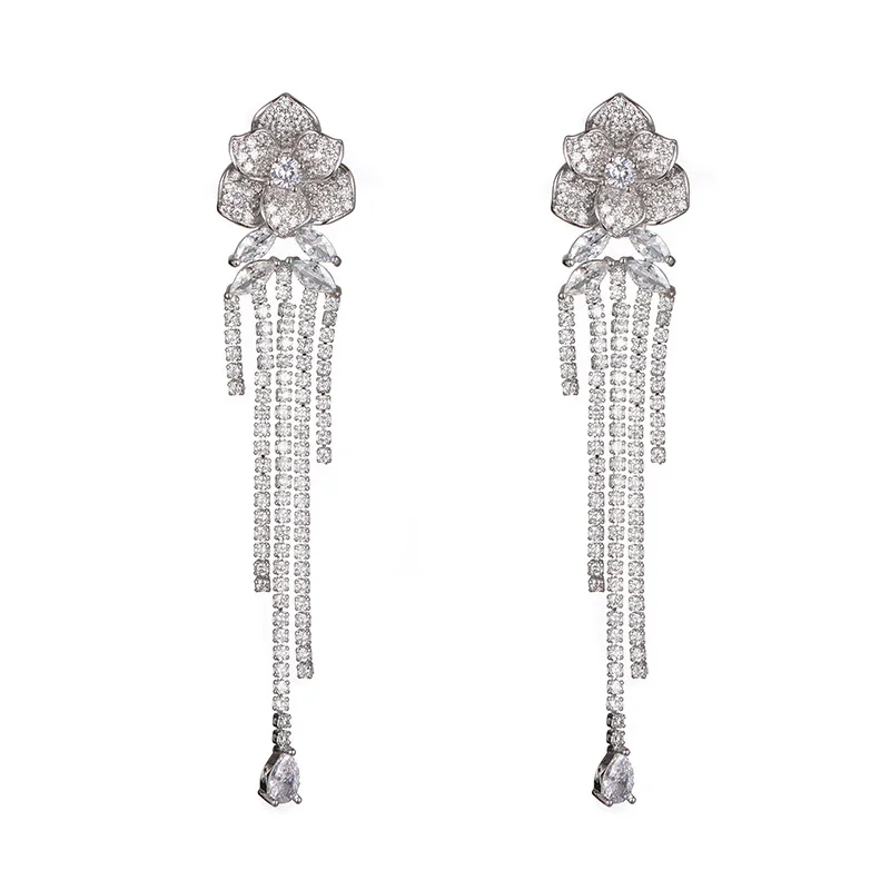 

Luxury Flower Tassel Emerald Green Drop Earrings for Women, Sterling Silver Plated CZ Long Dangle Earrings, Bridal Jewelry