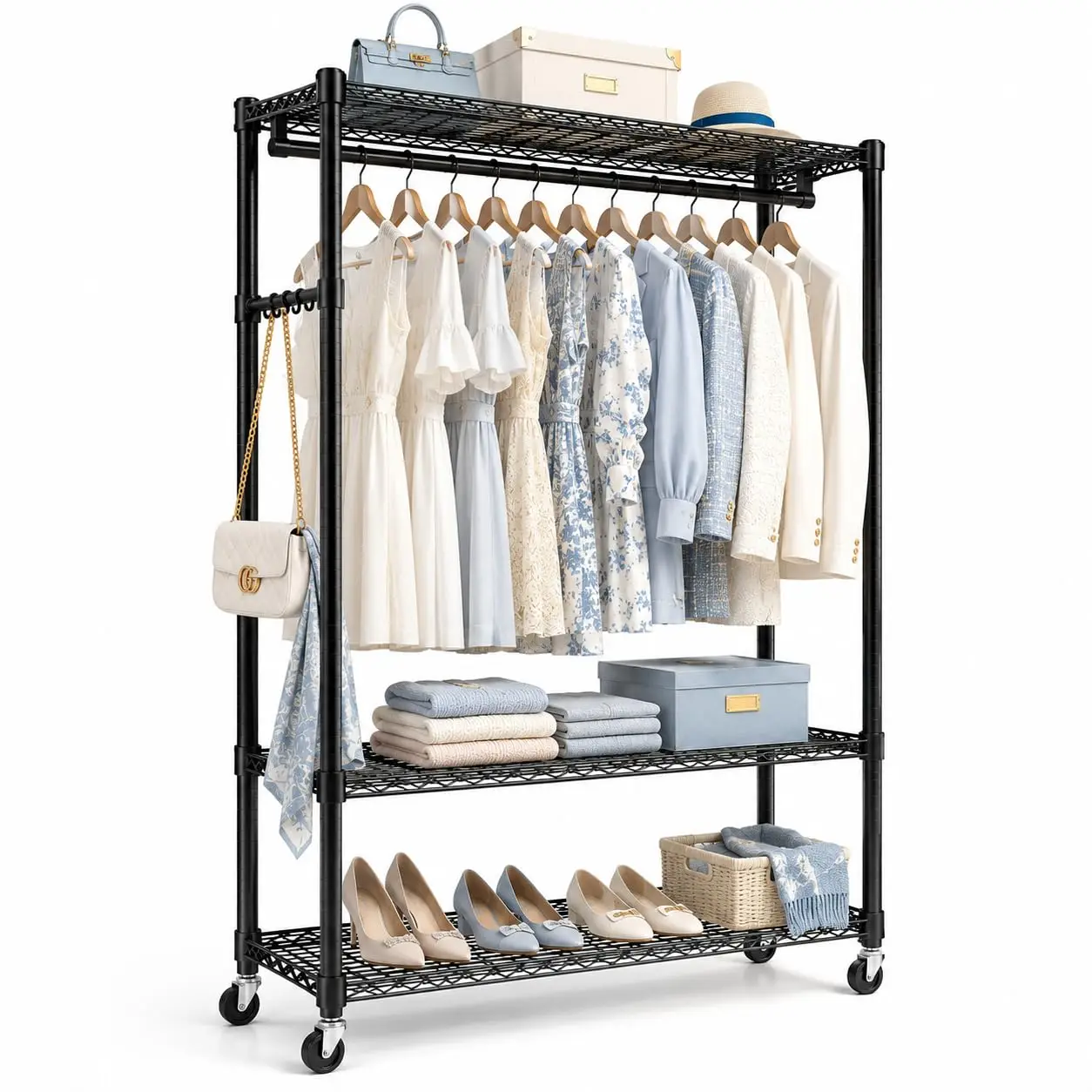 Heavy Duty 3-Tier Rolling Garment Rack With Double Rods & Adjustable Shelves, Metal Clothes Rack 400 Lbs 43x18x81