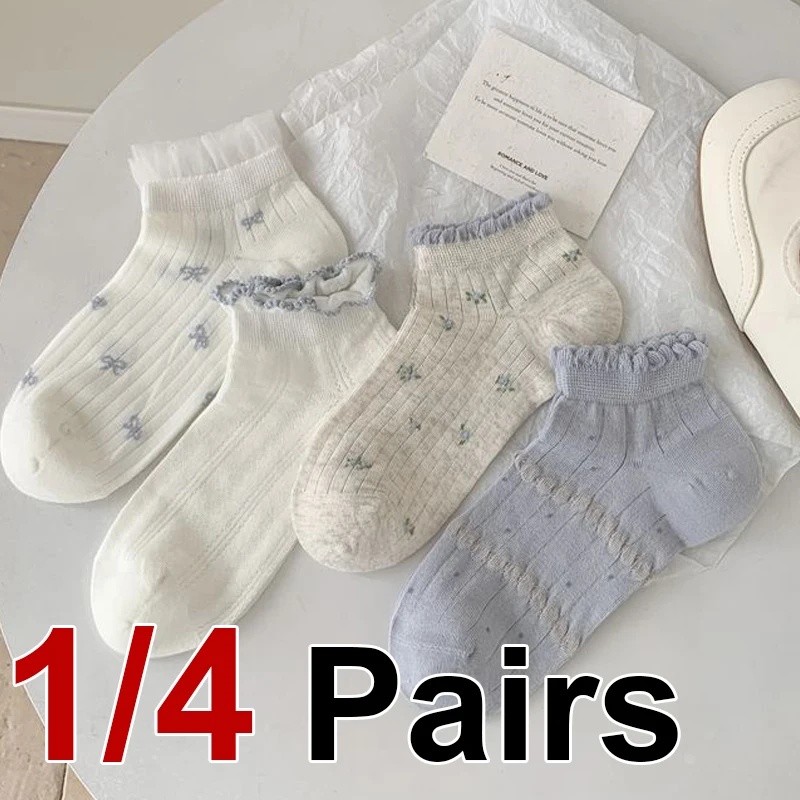 

1/4 пары женских коротких носков с кружевным бантом, модные, милые, с цветочным узором и рюшами, мягкие, удобные, для весны и лета, повседневные носки