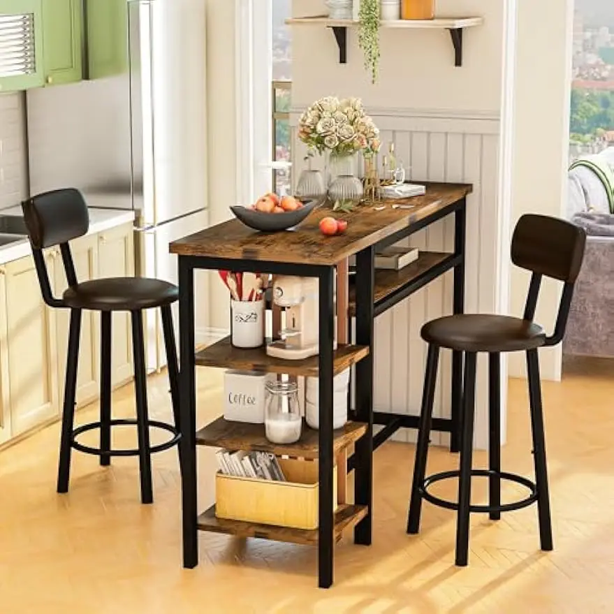 Recaceik Counter Height Dining Set - Bar Table and 2 Upholstered Stools with Storage Shelves, Kitchen Breakfast Nook Pub Set