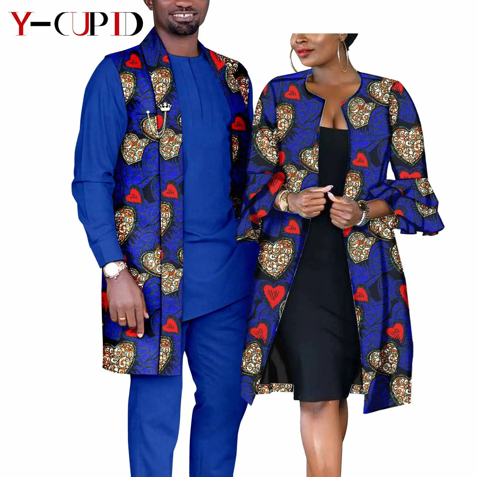 

African Outfits for Couples Bazin Riche Men Suits Jackets Vest Solid Top and Pant Sets Dashiki Women Print Long Coats Y22C072