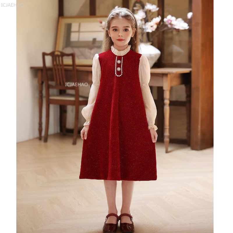 

Новое красное праздничное платье для девочек, рождественское платье принцессы с длинными рукавами, простое милое стильное праздничное повседневное платье на день рождения, детские платья