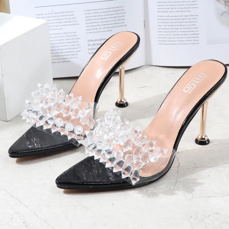 

2022 Women 9.5cm High Heels Mules Stiletto Slides Female Glossy Thin Heels Slippers Summer Crystal Glitter Platform Fetish Shoes