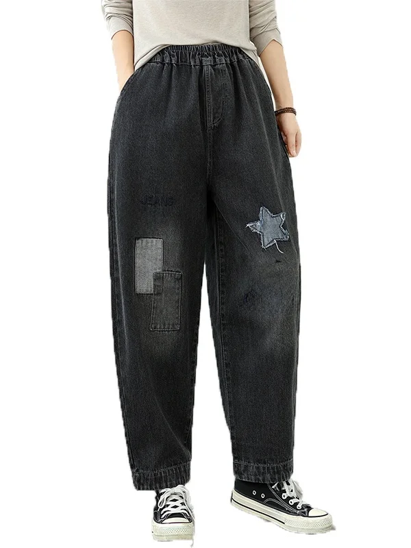 Thiened Fce Jeans da donna Casual Harlan Loose Fit Winter Faion Print Pantaloni da papà a vita alta in misto cotone e poliestere