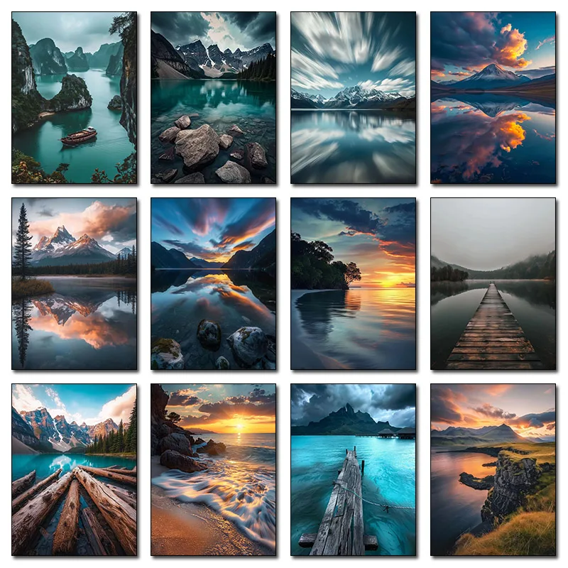 1pc frameless Canvas Painting 1pcs(No frame)Natural Beautiful Landscape Water River Posters Seawater Waves Sunshine Scenery Canv