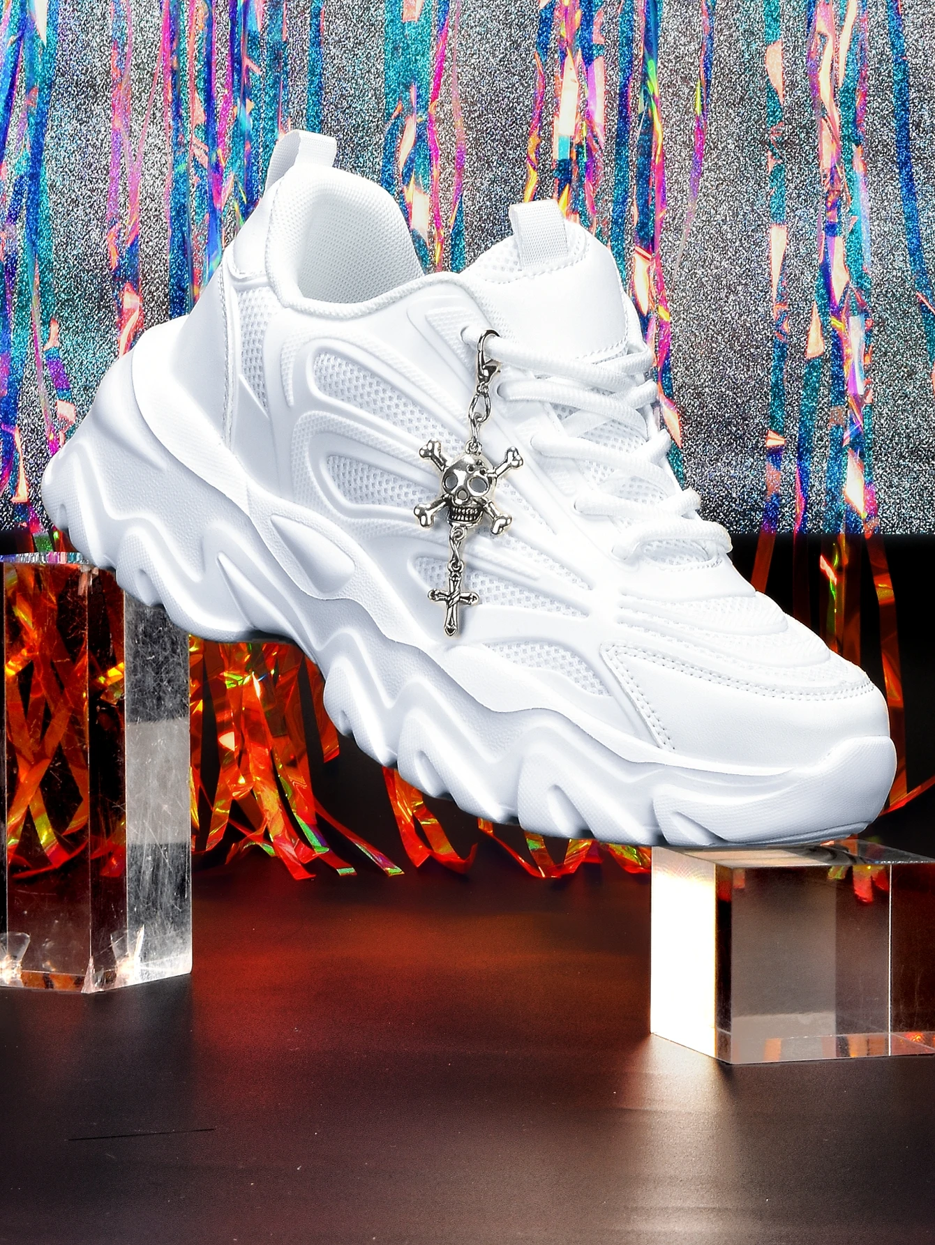 Women's 5cm Height-Increasing Thick-Soled Dad Shoes Y2K Sweet Cool Dark Style with Skull Cross Metal Chain Decoration, Breathable Mesh, Unique Wave-Shaped Sole, White Casual Sneakers, Student Daily Commute, Soft and Comfortable, Trendy Ins Style, Unique Design, Non-Crowded Niche Women's Shoes view 5