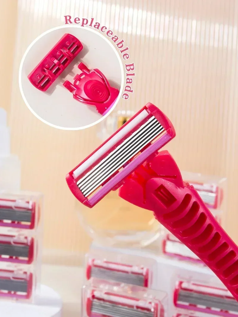 여성용 수동 안전 면도기, 6 레이어 스테인레스 스틸 제모 면도날, 교체 가능한 면도기 헤드, 핸들 1 개, 블레이드 12 개