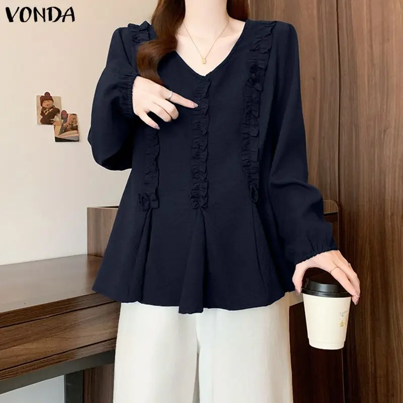 เสื้อแฟชั่นผู้หญิง VONDA แขนยาว คอวี แต่งระบาย รุ่นปี 2026 เสื้อเชิ้ตสไตล์ลำลองหลวมๆ สีพื้น เรียบหรู เหมาะสำหรับใส่ทำงานหรือใส่เที่ยว