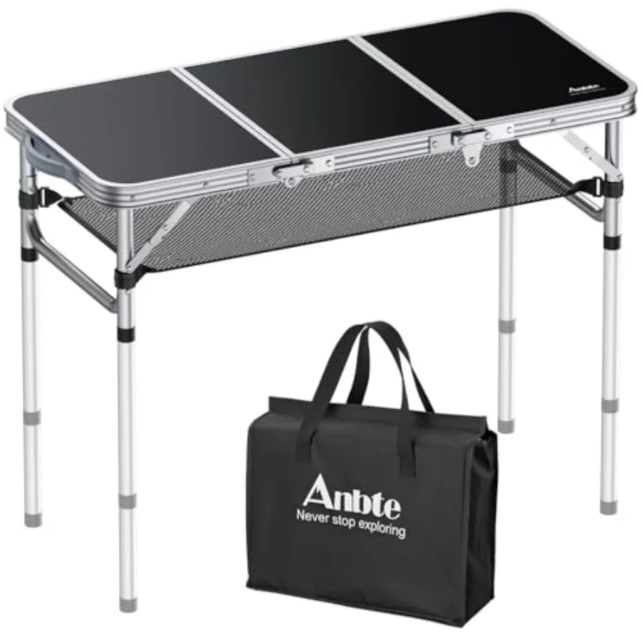 

Folding Camping Table with Storage Net, Aluminum, Black, Portable 3ft Picnic Table with 3 Adjustable Heights up to 27.1 Inch fo