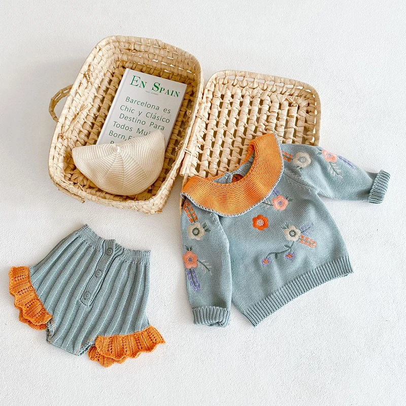 2024 Toddler Baby Girls Clothes Suit Long Sleeved Knitted Embroidered Pullover Sweater+PP Shorts Autumn Spring Baby Clothing Set