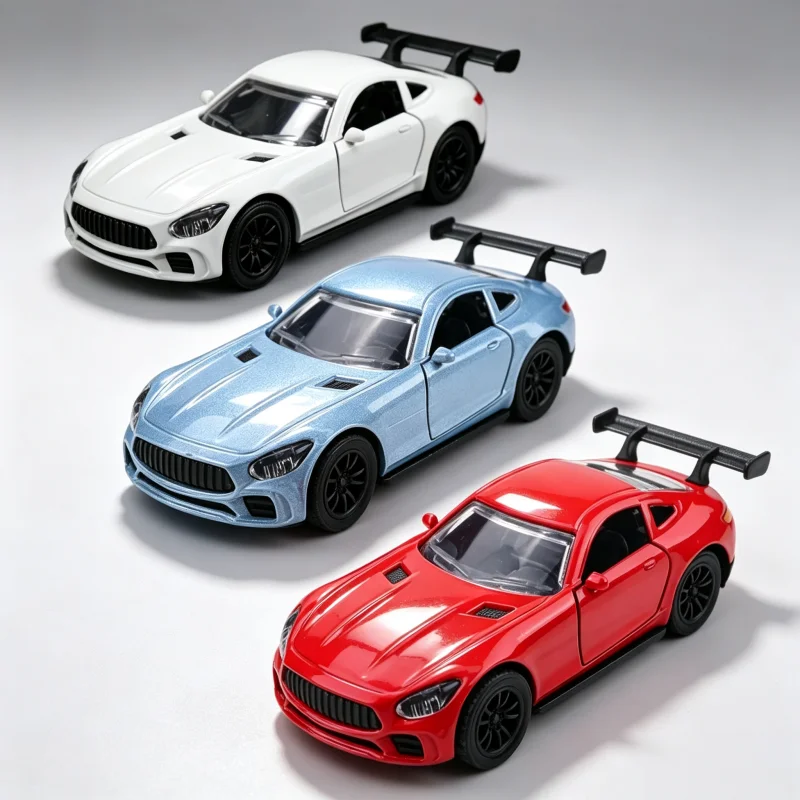 1:36 scale alloy sports car model, cast racing car with openable doors, pull-back metal toy car with rear spoiler, suitable for
