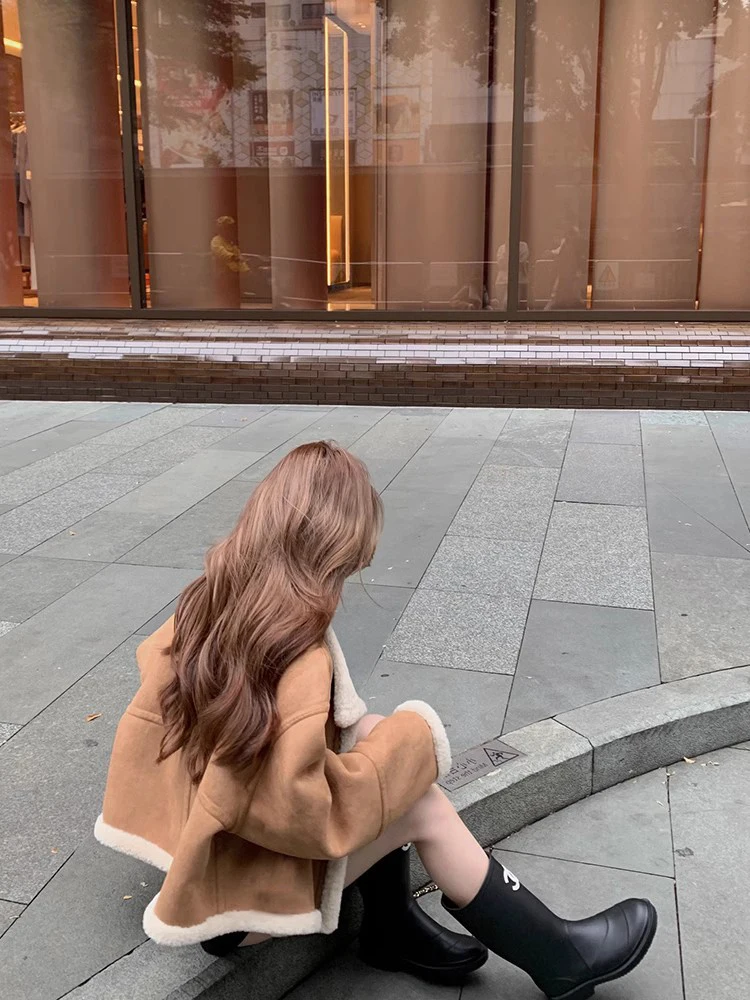 Thiened Pelle scamosciata ort Jaet Donna Autunno Inverno Nuovo Sle Biker Abbigliamento Pelliccia di agnello Top Inteated Abbigliamento in cotone per ort P...