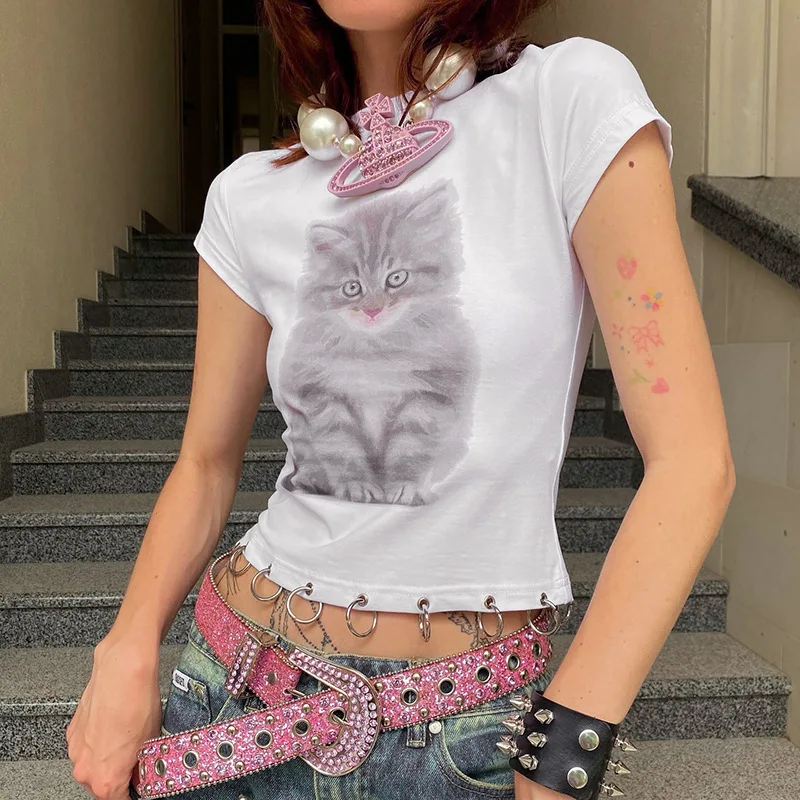 Cat Printed Ring Casual T Shirt Women Y2k 2024 Summer Soild Round Neck Short Sleeve Slim Fit Crop Tops Y2k Harajuku Streetwear