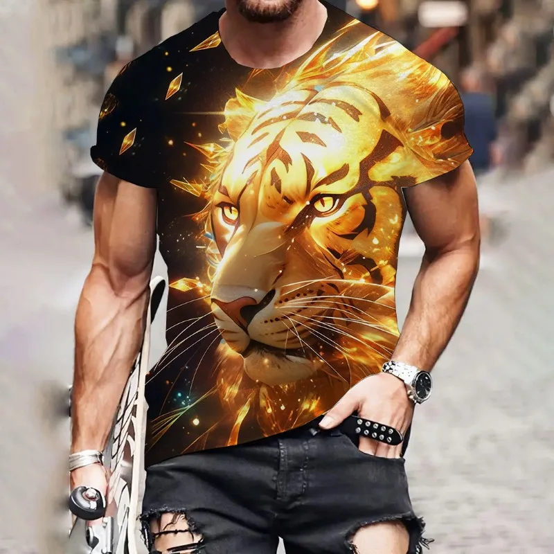 

2025 new summer streetwear 3D digital printed tiger graphic T-shirt loose sports short sleeved casual T-shirt for men