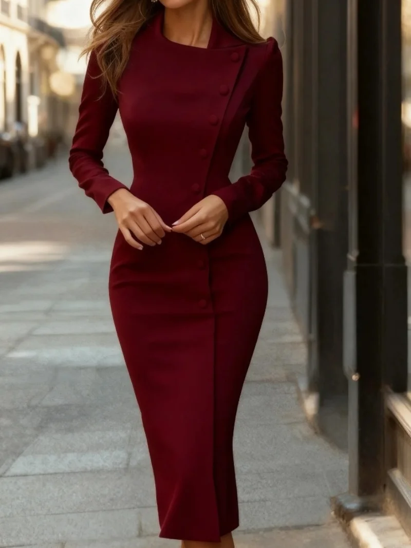 Langärmliges Midikleid mit Knopfleiste – elegantes, schmal geschnittenes Etuikleid für Bürodamen