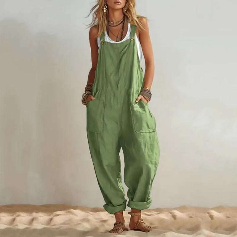 Women Solid Pocket Loose Sleeveless Adjustable Strap Linen Overalls Casual Jumpsuit view 5
