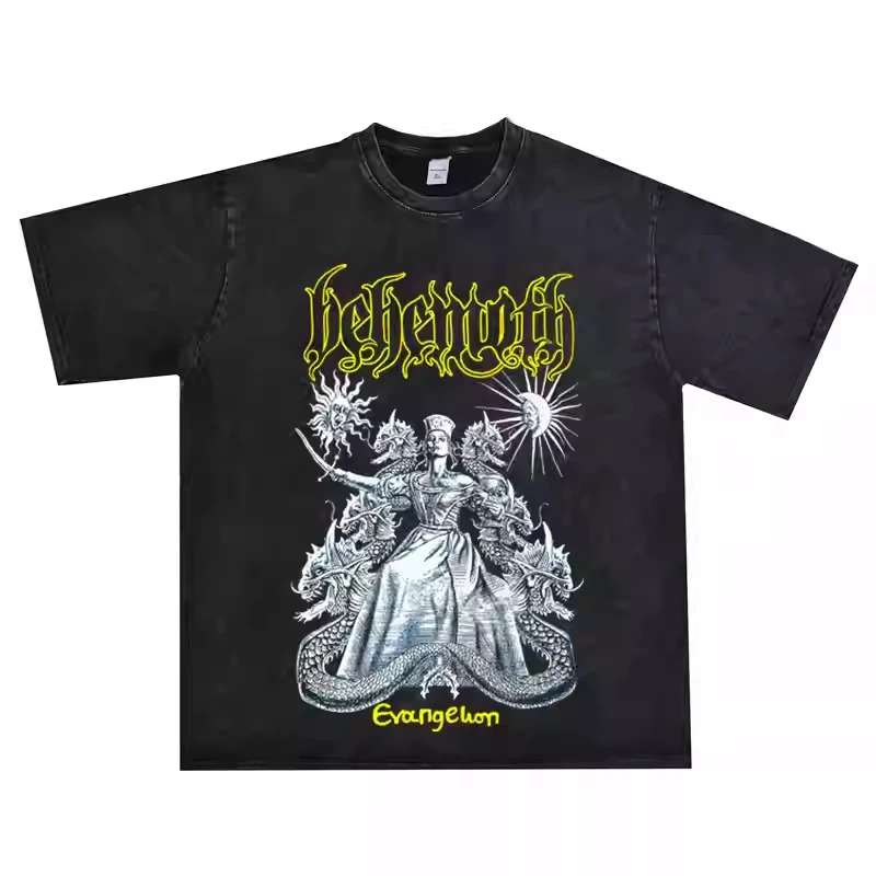 

2025 The Behemoth Rock Band's Printed Short-sleeved T-shirt Is A Retro and Heavyweight Pure Cotton Hip-hop Chinese Trend