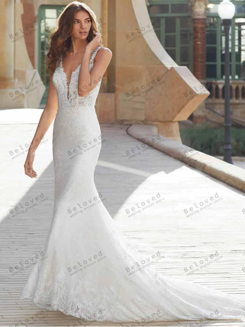 Precioso vestido De Novia sin mangas con cuello en V, apliques De encaje, largo hasta el suelo, Formal, fiesta