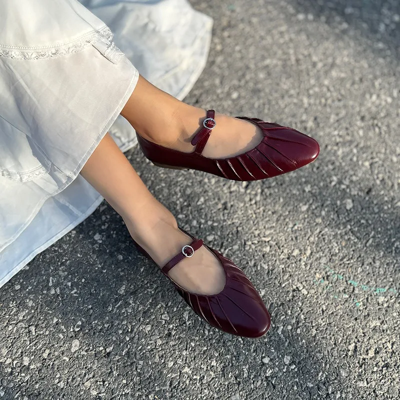 

Artmu Retro Pleated Mary Jane Flats Shoes For Women Boat Shoes Buckle Genuine Leather Low Heel Luxury Slip On Pointed Toe Shoes