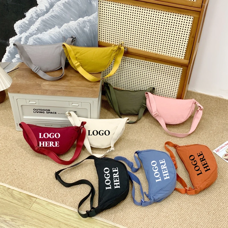 Custom Logo Nylon Fabric Zipper Crossbody Bag for Men and Women, Crescent-shaped Dumpling Bag Under The Armpits, Large Capacity