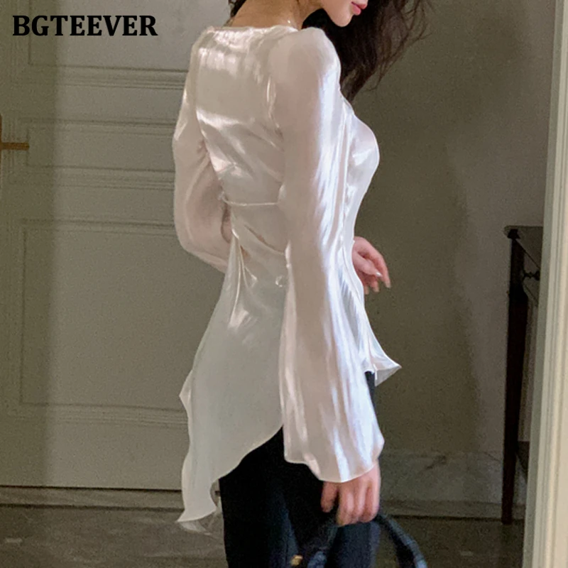 BGTEEVER Stylish Irregular Women Pullovers Blouses Tops Autumn Fashion Long Sleeve Slim Waist Female Off-the-shoulder Shirts